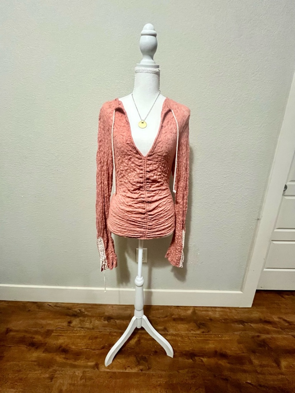 Free People Tangerine Crinkled V-Neck Pink Lace Top
